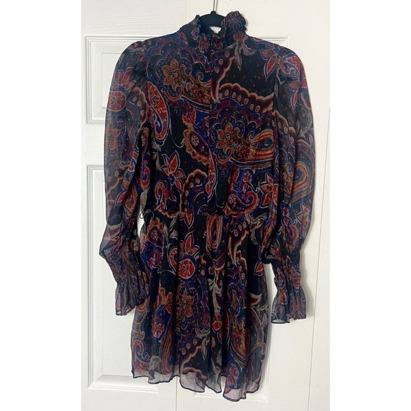 Zara Black Chiffon Floral Paisley Printed High Neck Mini Dress Size Small - Picture 8 of 9